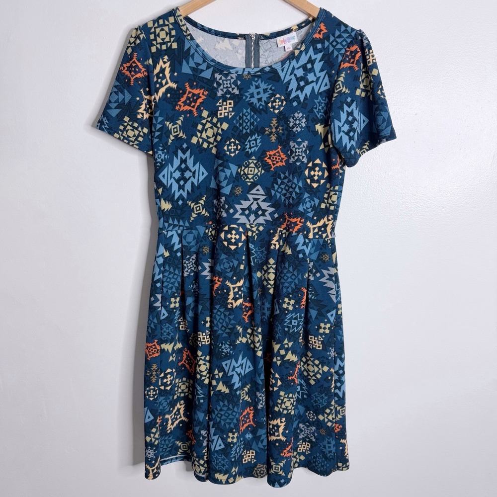 NWOT Lularoe Amelia Fit & Flare Dress XL Pockets Blue Multicolor Stretch Retro - Picture 2 of 8
